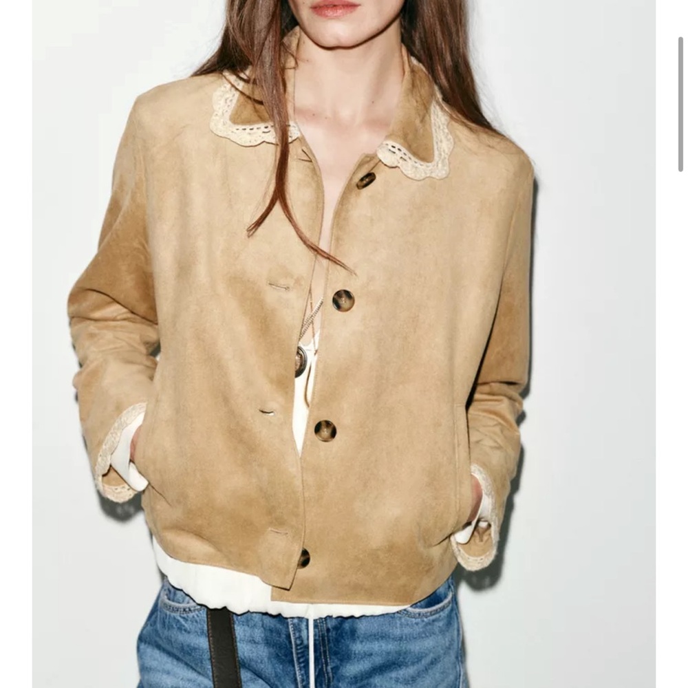 NWT ZARA Faux Suede Jacket Crochet Lace Trim Collar Beige Tan Camel Womens XL